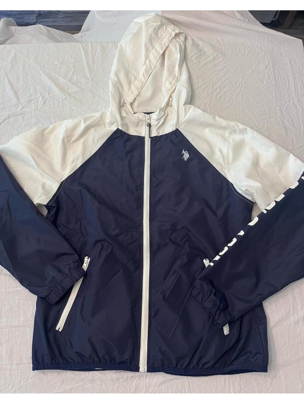 U.S. Polo Assn. Navy and White Colorblock Hooded Windbreaker Jacket L